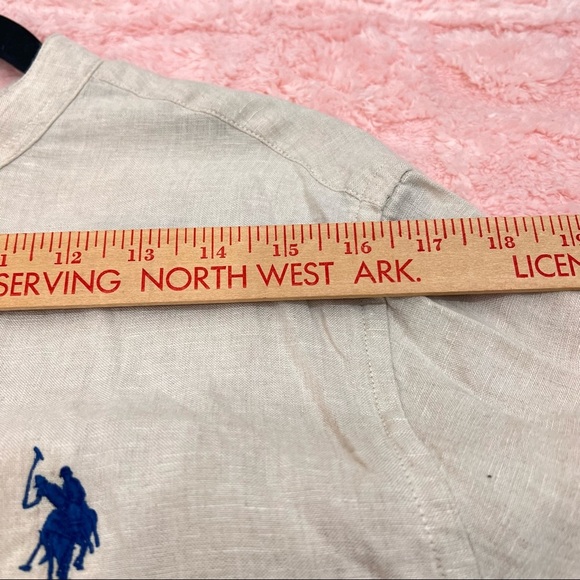 Ralph Lauren US Polo ASSN Irish Linen Button Down Beige Mandarin Collar Sz L EUC - Picture 5 of 12